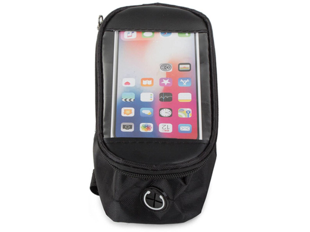 Torba rowerowa na ramę EXTRALINK 14336 zamknięta torba na białym tle zbliżenie na przód uchwyt na telefon jest kompatybilny z urządzeniami o przekątnej do 6,8″ szybki dostęp do ekranu i wygodne korzystanie z aplikacji bezpieczeństwo i komfort podróży