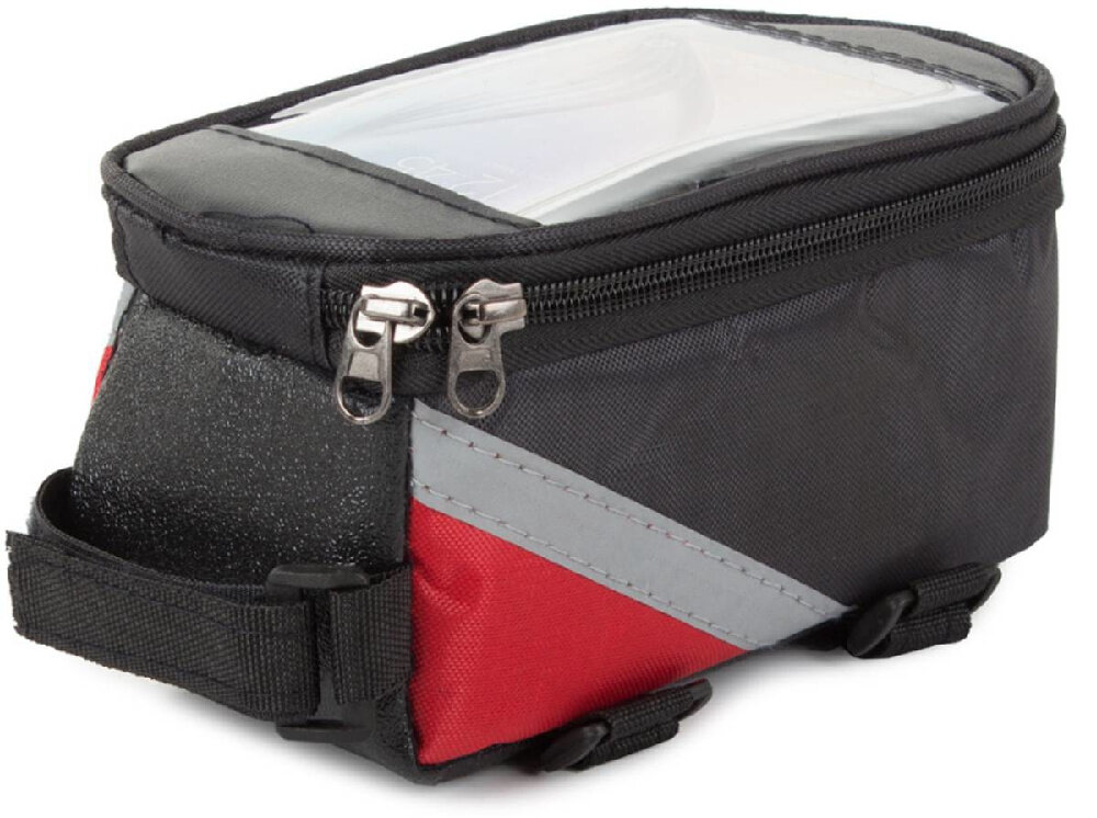 Torba rowerowa na ramę EXTRALINK 14336 zamknięta torba na białym tle paski odblaskowe poprawiają widoczność rowerzysty po zmroku i w trudnych warunkach oświetleniowych użytkownik staje się bardziej zauważalny dla kierowców torba jest szybka w montażu i demontażu