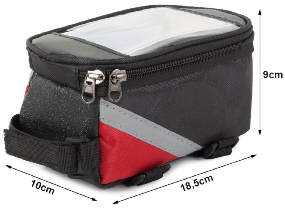 Torba rowerowa na ramę EXTRALINK 14336 zamknięta torba na białym tle wokół strzałki z wymiarami wymiary 10 × 18,5 × 9 cm waga 0,25 kg nie obciąża roweru nie wpływa na komfort jazdy lekka konstrukcja ułatwia montaż zdejmowanie oraz przenoszenie torby