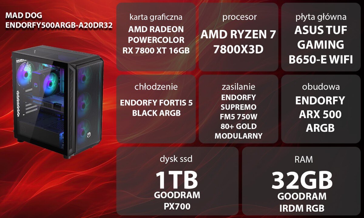 Komputer MAD DOG ENDORFY500ARGB-A20DR32 Grafika przedstawiająca specyfikację komputera. Po lewej stronie widoczny komputer z podświetleniem RGB, opis