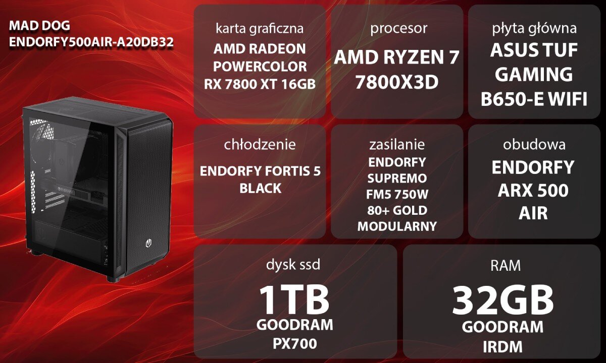 Komputer MAD DOG ENDORFY500AIR-A20DB32 Grafika przedstawiająca specyfikację komputera. Po lewej stronie widoczny komputer z podświetleniem RGB, opis
