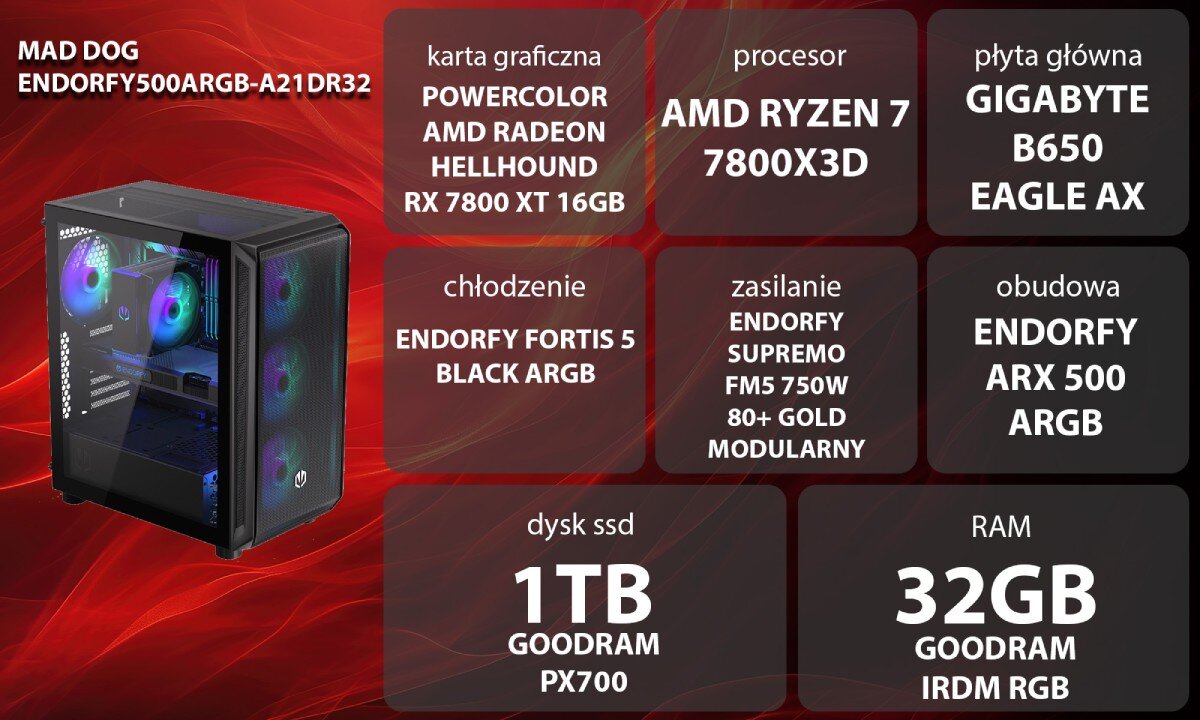 Komputer MAD DOG ENDORFY500ARGB-A21DR32 Grafika przedstawiająca specyfikację komputera. Po lewej stronie widoczny komputer z podświetleniem RGB, opis