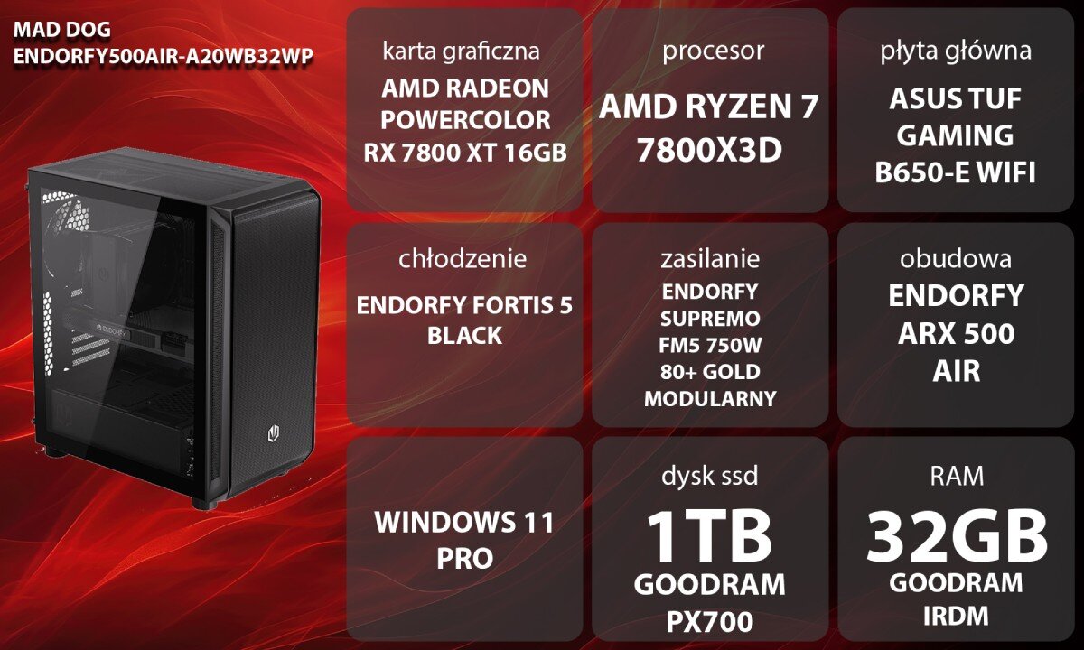 Komputer MAD DOG ENDORFY500AIR-A20WB32WP Grafika przedstawiająca specyfikację komputera. Po lewej stronie widoczny komputer z podświetleniem RGB, opis