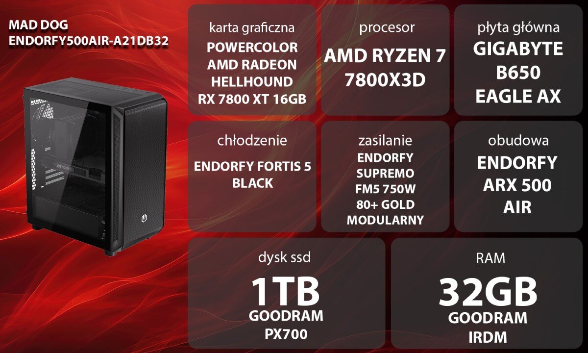 Komputer MAD DOG ENDORFY500AIR-A21DB32 Grafika przedstawiająca specyfikację komputera. Po lewej stronie widoczny komputer z podświetleniem RGB, opis