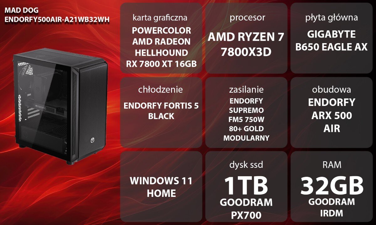 Komputer MAD DOG ENDORFY500AIR-A21WB32WH Grafika przedstawiająca specyfikację komputera. Po lewej stronie widoczny komputer z podświetleniem RGB, opis