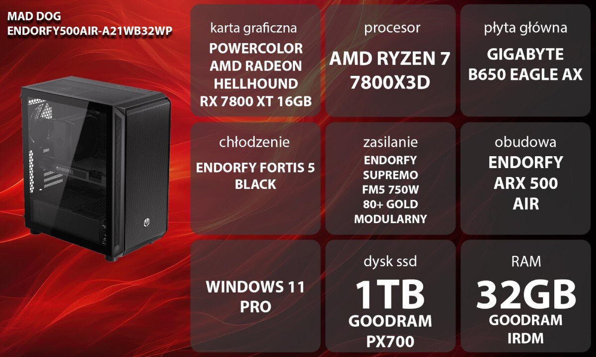 Komputer MAD DOG ENDORFY500AIR-A21WB32WP Grafika przedstawiająca specyfikację komputera. Po lewej stronie widoczny komputer z podświetleniem RGB, opis