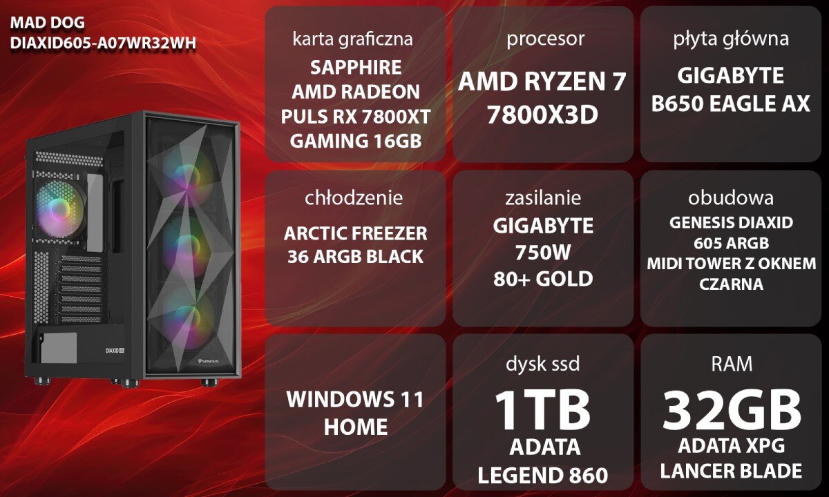 Komputer MAD DOG DIAXID605-A07WR32WH Grafika przedstawiająca specyfikację komputera. Po lewej stronie widoczny komputer z podświetleniem RGB, opis