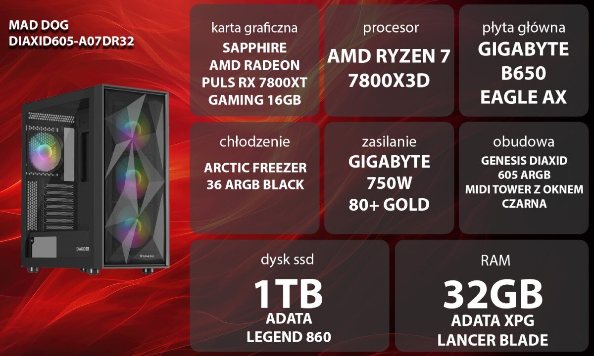 Komputer MAD DOG DIAXID605-A07DR32 Grafika przedstawiająca specyfikację komputera. Po lewej stronie widoczny komputer z podświetleniem RGB, opis