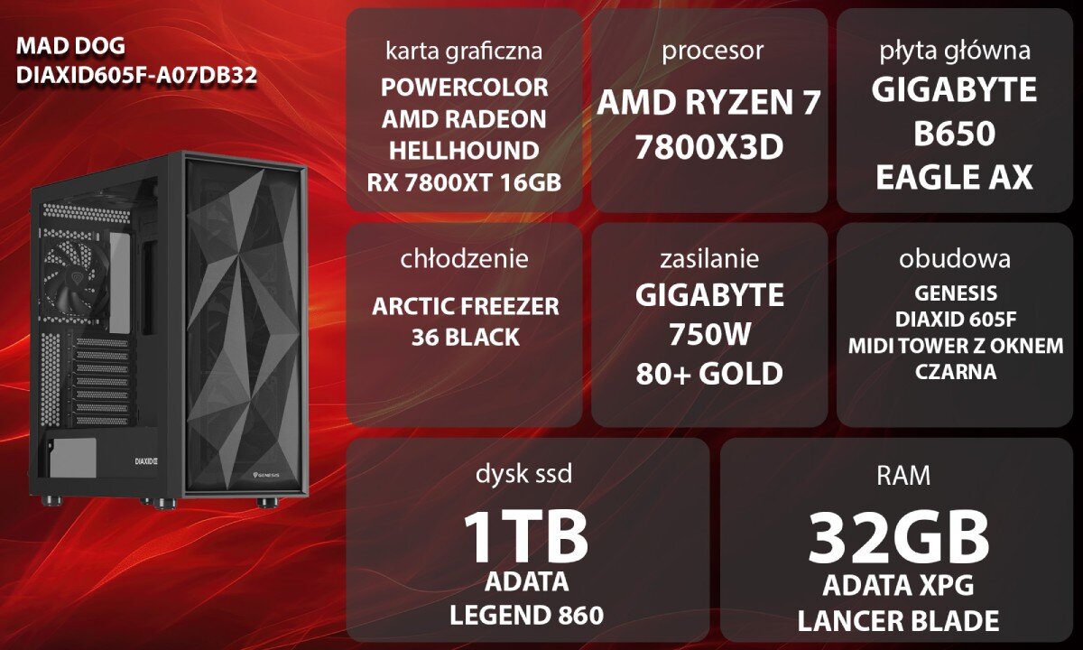 Komputer MAD DOG DIAXID605F-A07DB32 Grafika przedstawiająca specyfikację komputera. Po lewej stronie widoczny komputer z podświetleniem RGB, opis