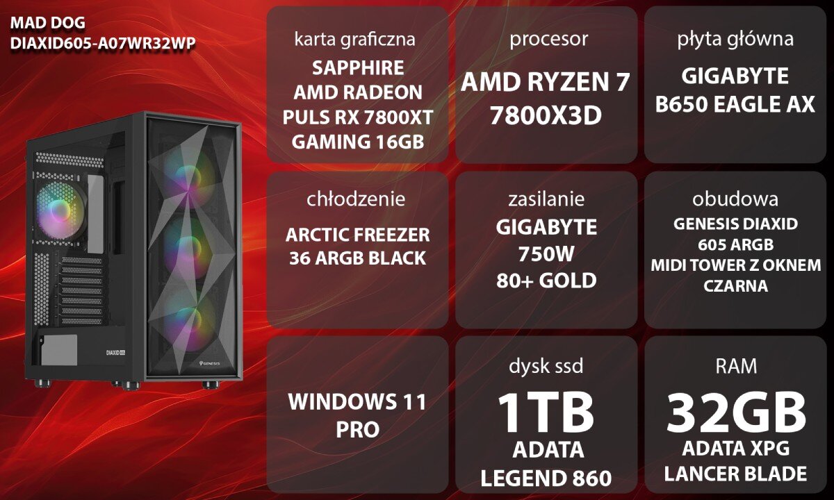 Komputer MAD DOG DIAXID605-A07WR32WP Grafika przedstawiająca specyfikację komputera. Po lewej stronie widoczny komputer z podświetleniem RGB, opis