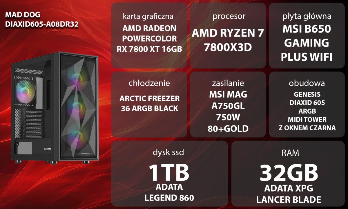 Komputer MAD DOG DIAXID605-A08DR32 Grafika przedstawiająca specyfikację komputera. Po lewej stronie widoczny komputer z podświetleniem RGB, opis