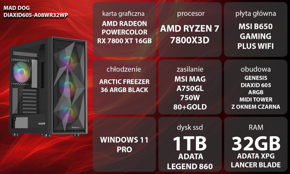 Komputer MAD DOG DIAXID605-A08WR32WP Grafika przedstawiająca specyfikację komputera. Po lewej stronie widoczny komputer z podświetleniem RGB, opis