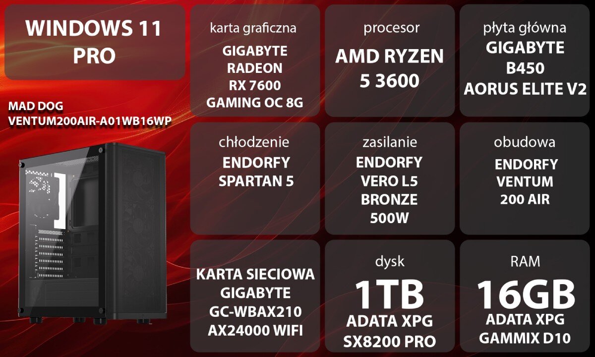 Komputer MAD DOG VENTUM200AIR-A01WB16WP Grafika przedstawiająca specyfikację komputera, z podziałem na podzespoły. W centralnej części znajduje się model komputera, a wokół niego informacje o podzespołach, opis