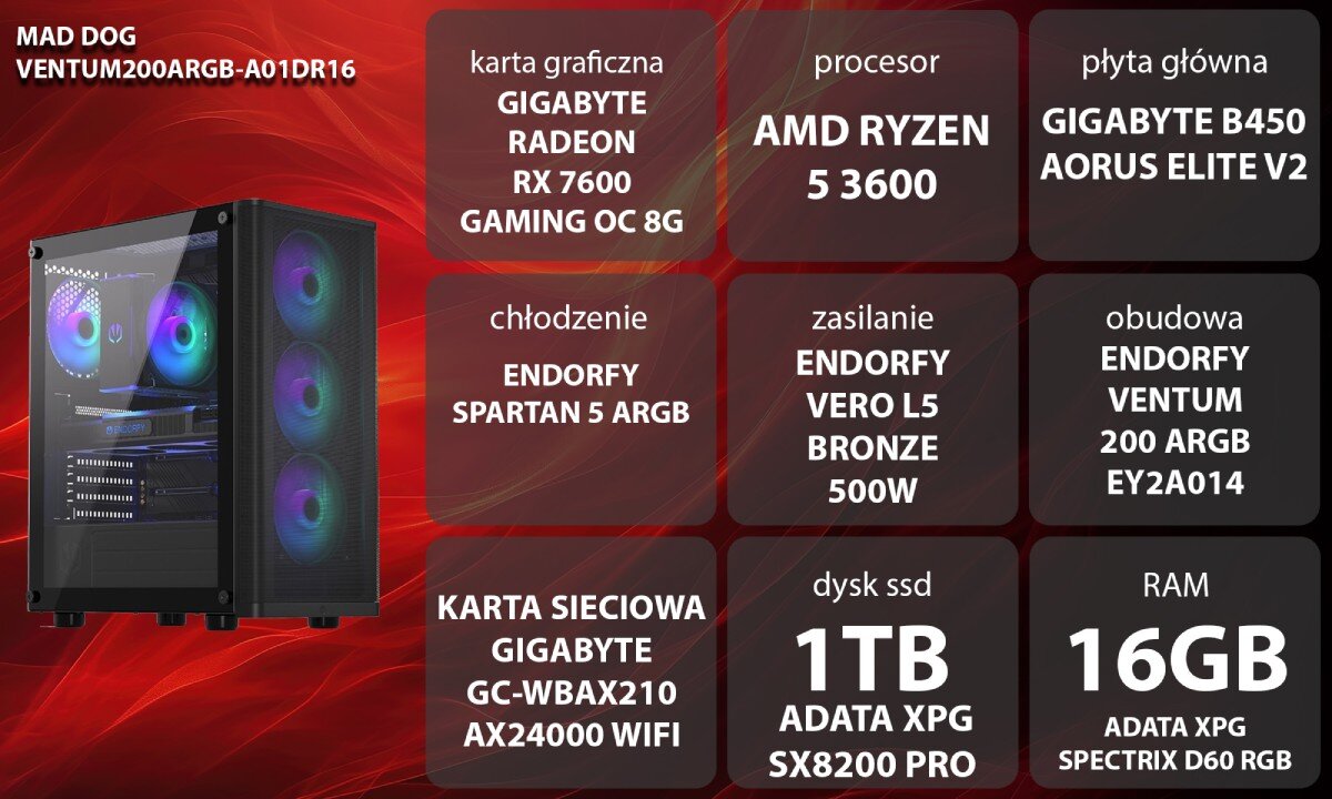 Komputer MAD DOG VENTUM200ARGB-A01DR16 Grafika przedstawiająca specyfikację komputera, z podziałem na podzespoły. W centralnej części znajduje się model komputera, a wokół niego informacje o podzespołach, opis