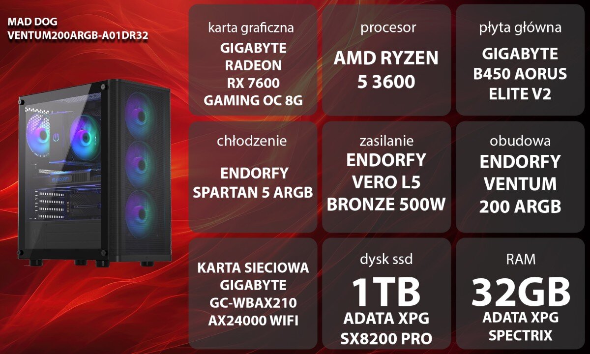 Komputer MAD DOG VENTUM200ARGB-A01DR32 Grafika przedstawiająca specyfikację komputera, z podziałem na podzespoły. W centralnej części znajduje się model komputera, a wokół niego informacje o podzespołach, opis