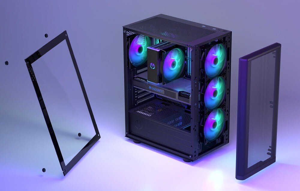Komputer MAD DOG VENTUM200ARGB-A01DR32 Obudowa komputerowa z bocznym panelem ze szkła hartowanego i przednim panelem siatkowym, które zostały zdjęte. Wewnątrz znajdują się podzespoły oraz kilka wentylatorów z podświetleniem ARGB w odcieniach fioletu, niebieskiego i zielonego, wygląd, wentylacja, szklany bok, porty