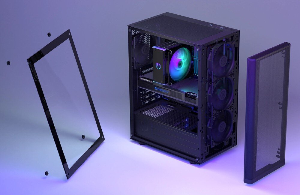 Komputer MAD DOG VENTUM200AIR-I01WB16WP Obudowa komputera z otwartymi panelami bocznym i przednim. Wewnątrz widoczne są wentylatory z podświetleniem RGB, chłodzenie procesora oraz zamontowane komponenty, obudowa, wielkość, wentylacja, porty