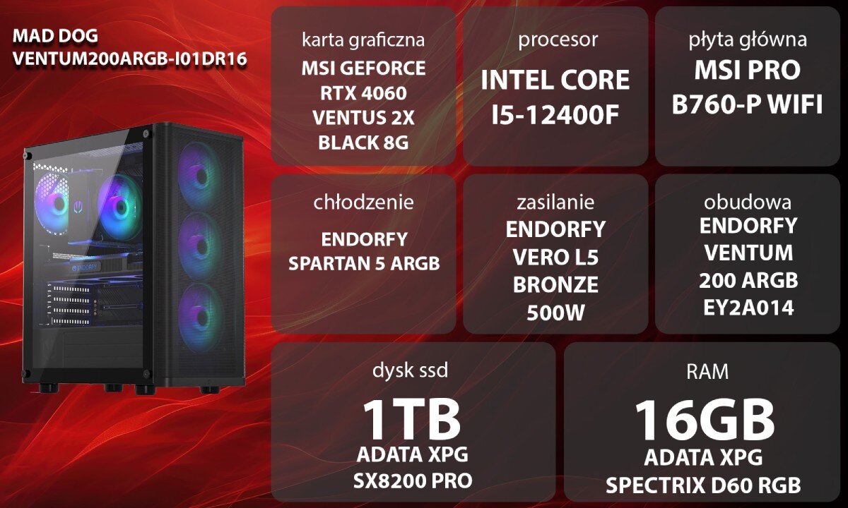 Komputer MAD DOG VENTUM200ARGB-I01DR16 Grafika przedstawiająca specyfikację komputera, z podziałem na podzespoły. W centralnej części znajduje się model komputera, a wokół niego informacje o podzespołach, opis