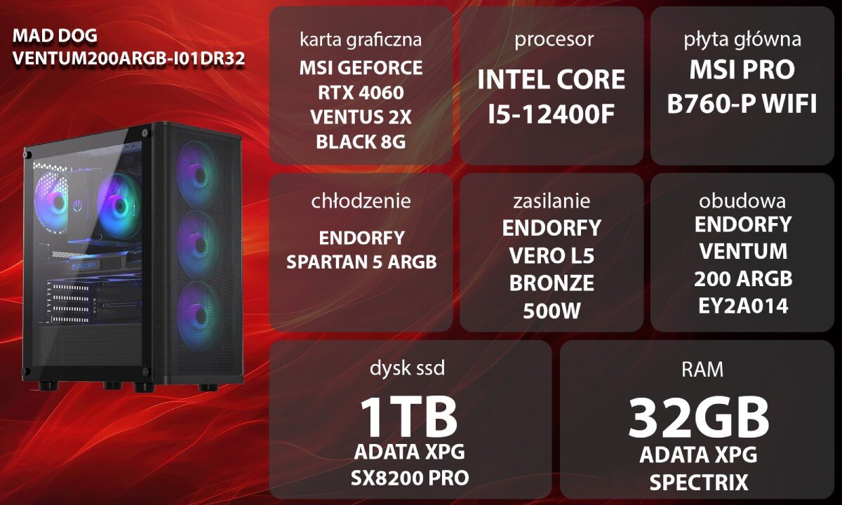 Komputer MAD DOG VENTUM200ARGB-I01DR32 Grafika przedstawiająca specyfikację komputera, z podziałem na podzespoły. W centralnej części znajduje się model komputera, a wokół niego informacje o podzespołach, opis
