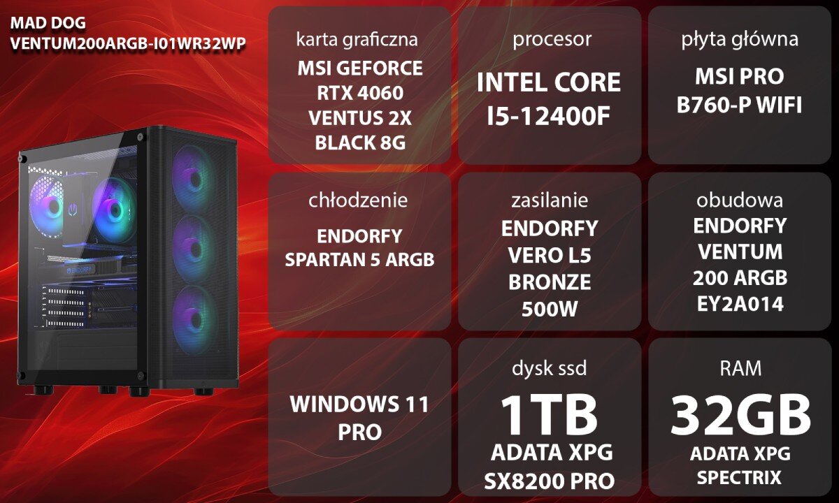 Komputer MAD DOG VENTUM200ARGB-I01WR32WP Grafika przedstawiająca specyfikację komputera, z podziałem na podzespoły. W centralnej części znajduje się model komputera, a wokół niego informacje o podzespołach, opis