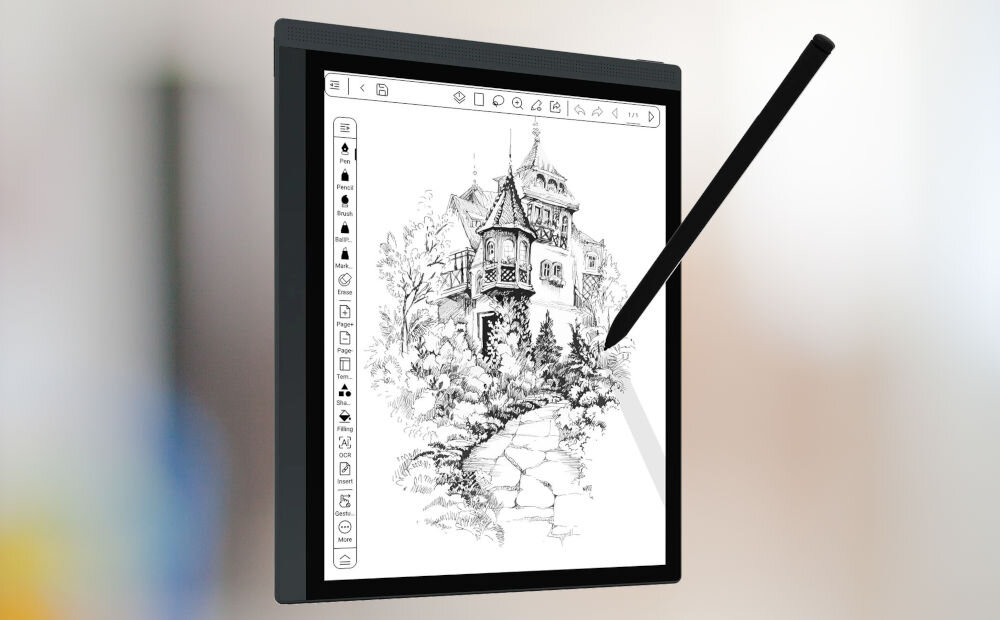 Czytnik e-booków BIGME B1051 Lite BW 10.3 cala, Podświetlany ekran, Wi-Fi Czarny prezentacja urządzenia od przodu pod kątem z rysikiem rozmazane tło