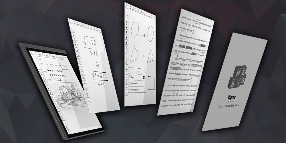 Czytnik e-booków BIGME B1051 Lite BW 10.3 cala, Podświetlany ekran, Wi-Fi Czarny prezentacja czytnika z różnymi lewitującymi ekranami na ciemnym tle czytnik e-book cyfrowy notatnik funkcjonalność 36-stopniowe podświetlenie