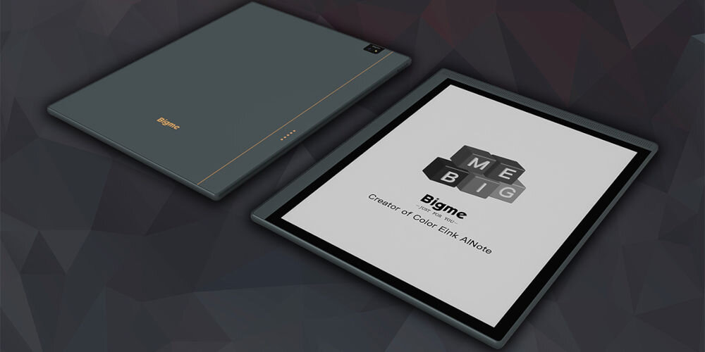 Czytnik e-booków BIGME B1051 Lite BW 10.3 cala, Podświetlany ekran, Wi-Fi Czarny prezentacja urządzenia od przodu i tyłu na ciemnym geometrycznym tle rozmiar rozmiar rozdzielczość czarno-biały ostry obraz ochrona oczu