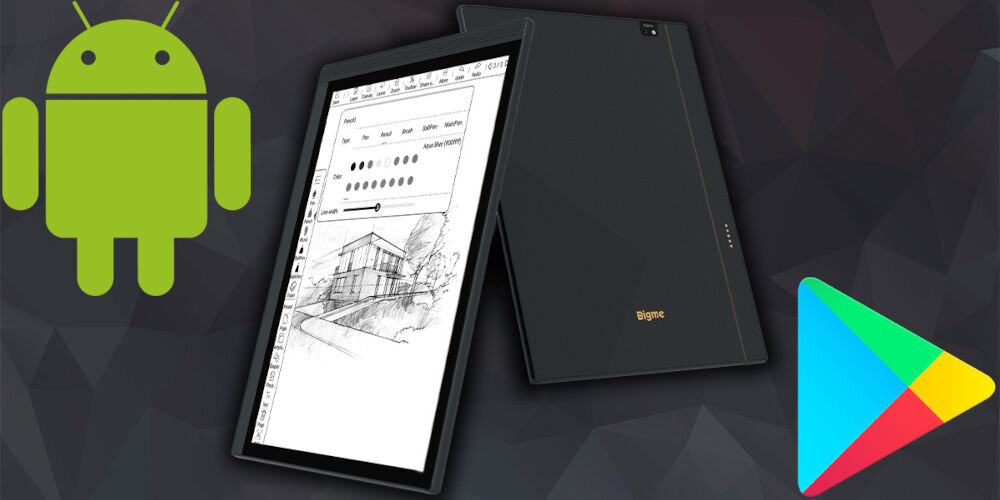 Czytnik e-booków BIGME B1051 Lite BW 10.3 cala, Podświetlany ekran, Wi-Fi Czarny prezentacja urządzenia pod kątem od przodu i od tyłu na ciemnym geometrycznym tle ikony Android i Google Play tworzenie notatek słuchanie audiobooków personalizacja Android 14 Google Play dostęp do tysięcy aplikacji