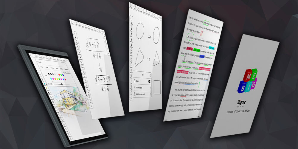 Czytnik e-booków BIGME B1051C Lite CL 10.3 cala, Podświetlany ekran, Wi-Fi Czarny prezentacja czytnika z różnymi lewitującymi ekranami na ciemnym tle czytnik e-book cyfrowy notatnik funkcjonalność 36-stopniowe podświetlenie