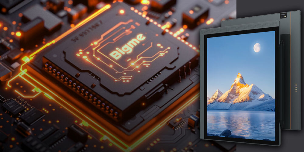 Czytnik e-booków BIGME B1051C Lite CL 10.3 cala, Podświetlany ekran, Wi-Fi Czarny prezentacja urządzenia od przodu pod kątem i kawałek tyłu zbliżenie na wnętrze czytnika procesor RAM pamięć wbudowana możliwa rozbudowa bateria wielogodzinna praca