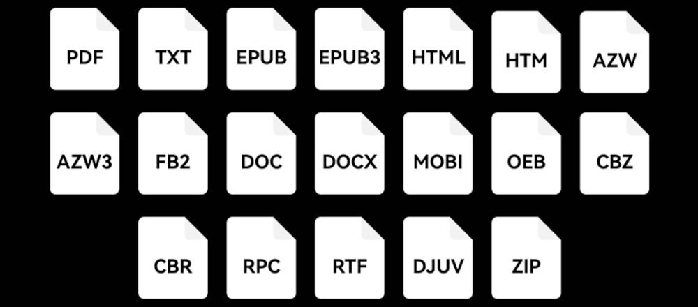 Czytnik e-booków BIGME B1051C Lite CL 10.3 cala, Podświetlany ekran, Wi-Fi Czarny wizualizacja ikon dokumentów z wypisanymi obsługiwalnymi formatami plików czarne tło smukła konstrukcja grubość waga aluminiowa obudowa trwałość wygoda