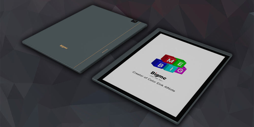 Czytnik e-booków BIGME B1051C Lite CL 10.3 cala, Podświetlany ekran, Wi-Fi Czarny prezentacja urządzenia od przodu i tyłu na ciemnym geometrycznym tle rozmiar rozmiar rozdzielczość dla koloru i czarno-białych ostry obraz ochrona oczu