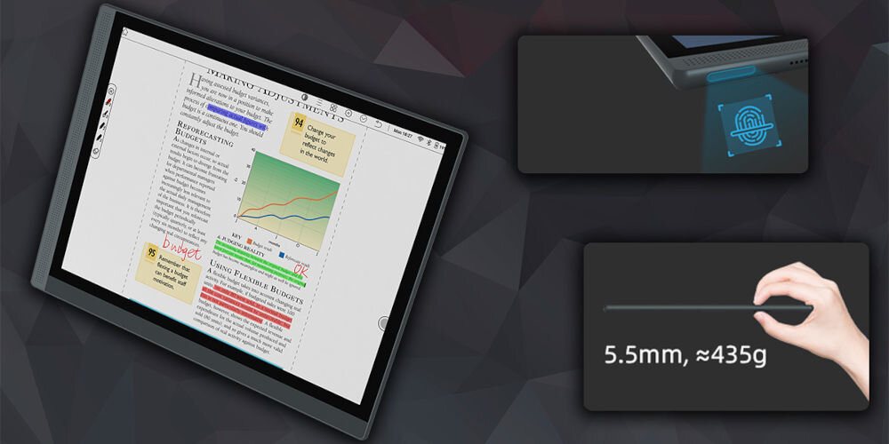 Czytnik e-booków BIGME B1051C Lite CL 10.3 cala, Podświetlany ekran, Wi-Fi Czarny prezentacja czytnika z włączoną notatką obok zbliżenie na czytnik linii papilarnych pokazanie grubości urządzenia na ciemnym geometrycznym tle dodawanie notatek do plików PDF ułatwienie organizacji dokumentów