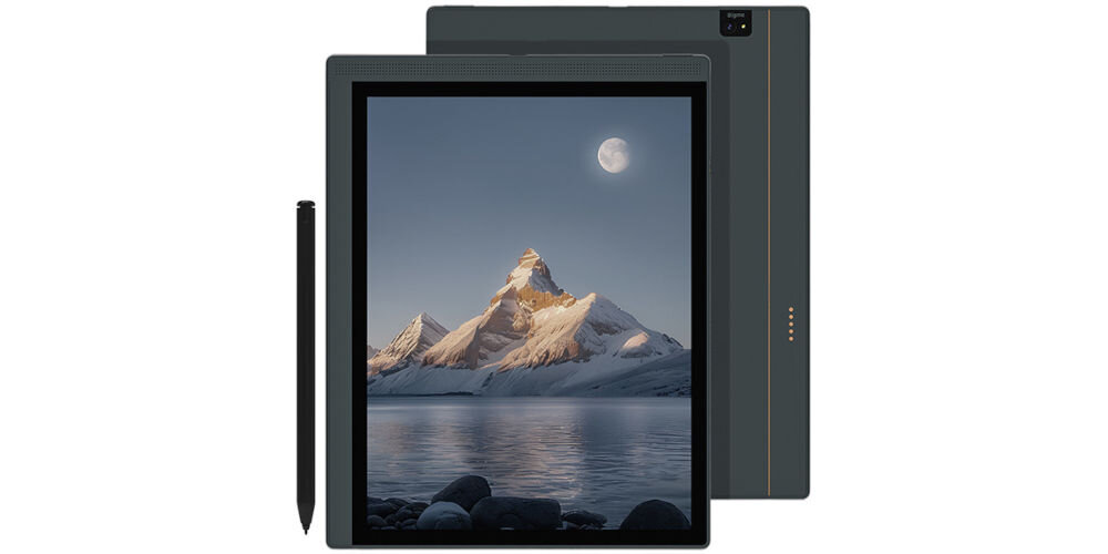 Czytnik e-booków BIGME B1051C Lite CL 10.3 cala, Podświetlany ekran, Wi-Fi Czarny prezentacja urządzenia od przodu i od tyłu obok rysik na białym tle AI porządek analiza notatek usprawnienie pracy nagrywanie spotkań