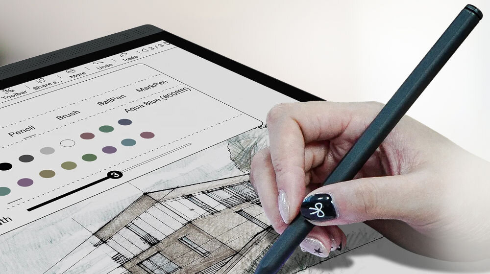 Czytnik e-booków BIGME B1051C Pro CL 10.3 cala, Podświetlany ekran, Wi-Fi Czarny prezentacja urządzenia podczas korzystania ręka trzymająca rysik i rysująca rozmazane tło