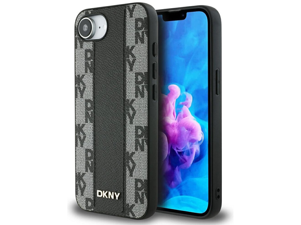 Etui DKNY Leather Checkered wzór szachownicy pionowy pas logo DKNY inicjałami marki