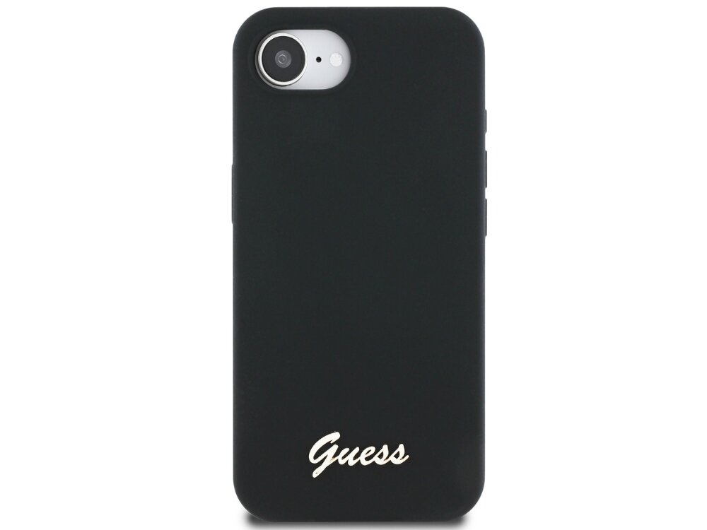 Etui Guess Silicone Script Metal Logo MagSafe
            etui elastyczne boki uniesione krawędzie pierścień magsafe