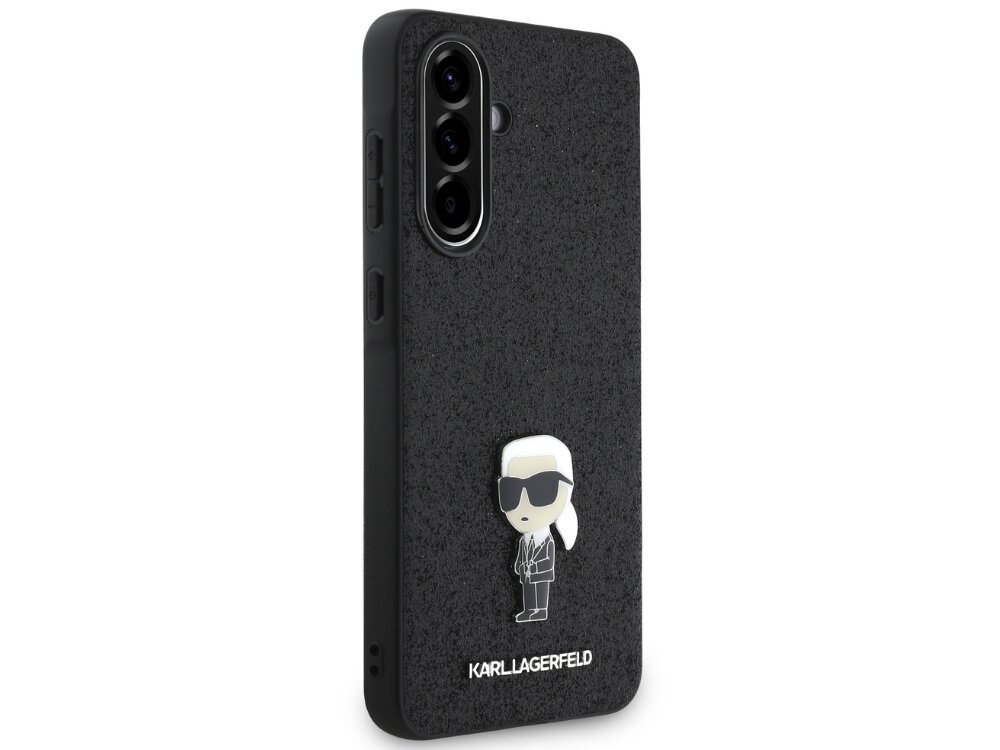 Etui Karl Lagerfeld Fixed Glitter brokatowym wykończeniem metalowym emblematem niemieckiego projektanta i jego kotki Choupette połysk i detale