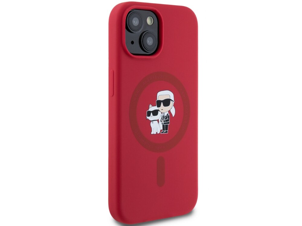 Etui Karl Lagerfeld Silicone Karl&Choupette MagSafe graficznym motywem niemieckiego projektanta i jego kotki Choupette Matowa silikonowa powierzchnia wewnętrzna wyściółka z mikrofibry