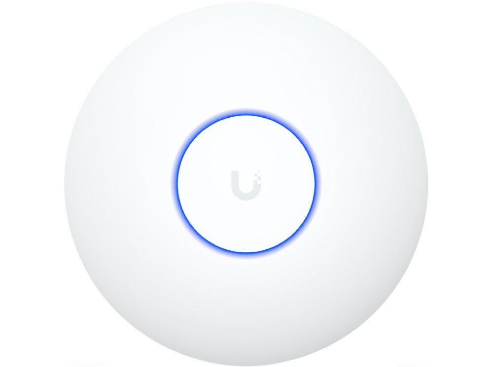 Punkt dostępu UBIQUITI U7-Lite Zbliżenie na front białego okrągłego punktu dostępowego z szarym logo 'U' i niebieskim pierścieniem LED pośrodku