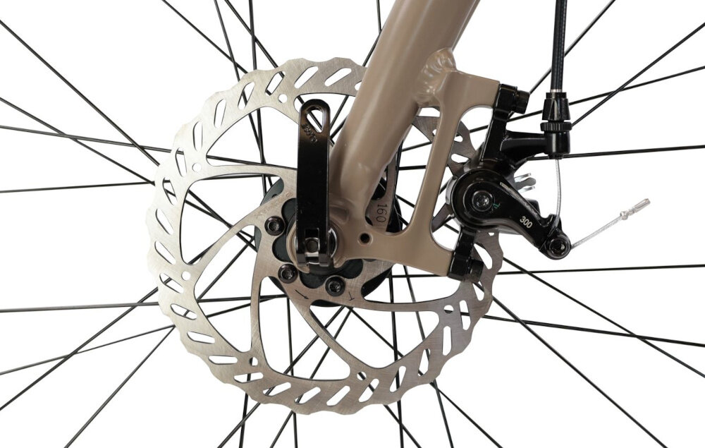 Rower gravel INDIANA Claris M22 28 cali męski Zielony zbliżenie na tarczę hamulcową podstawa bezpieczeństwa hamulce tarczowe mechaniczne bardzo duża siła hamowania hamulce z przodu i z tyłu podwójny pakiet bezpieczeństwa