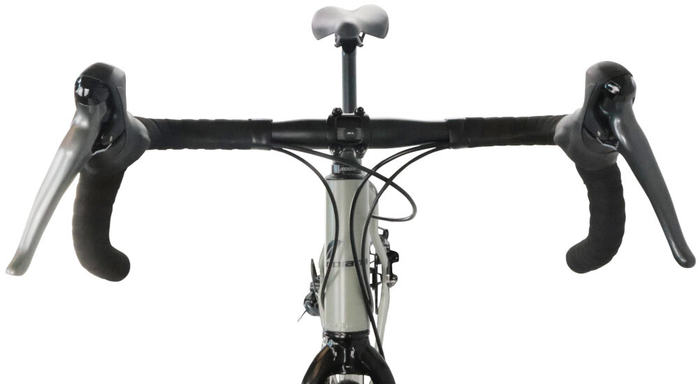 Rower gravel INDIANA Claris M20 28 cali męski Zielony kierownica widoczna od przodu białe tło kierownica ZOOM DR-AL211-BT FOV aluminiowy wspornik ZOOM TDS-RD507G-8 o długości 100/120 mm aluminiowa konstrukcja obu elementów niska waga wysoka wytrzymałość trwałość odporność na korozję ergonomiczny kształt kierownicy