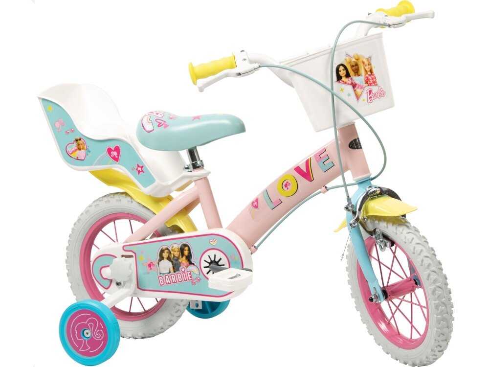 Rower dziecięcy TOIMSA Barbie 12 cali dla dziewczynki rower na białym tle widoczny z boku dla dzieci w wieku od 3 do 5 lat trwałość wytrzymałość mocna konstrukcja kolorowa grafika z wizerunkami Barbie