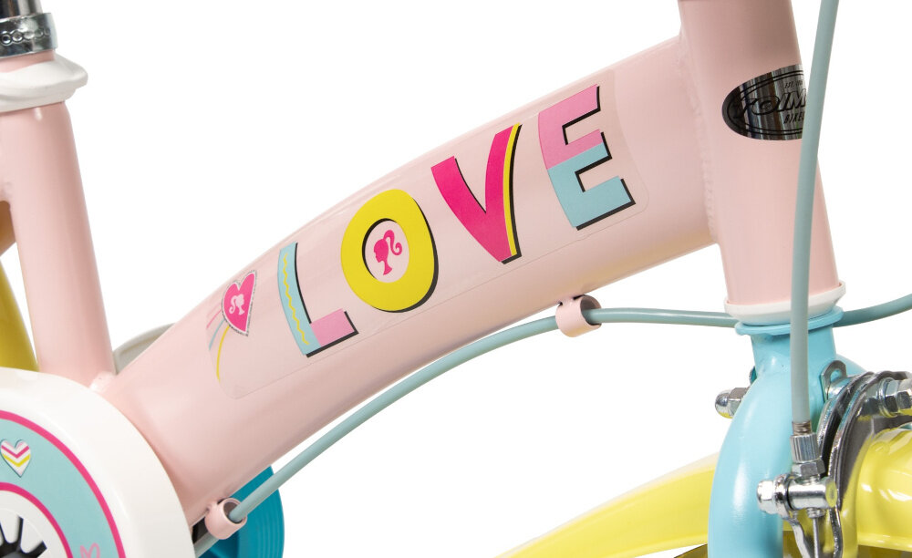 Rower dziecięcy TOIMSA Barbie 12 cali dla dziewczynki rower na białym tle zbliżenie na ramę odpowiednio wyselekcjonowane materiały stalowa 8-calowa rama dostosowana do najmłodszych geometria ponadprzeciętna odporność na uszkodzenia mechaniczne i działanie czynników zewnętrznych wybór rozmiaru ramy Twój wzrost mierzony w zrelaksowanej pozycji typ dla dzieci o wzroście od 85 do 105 cm