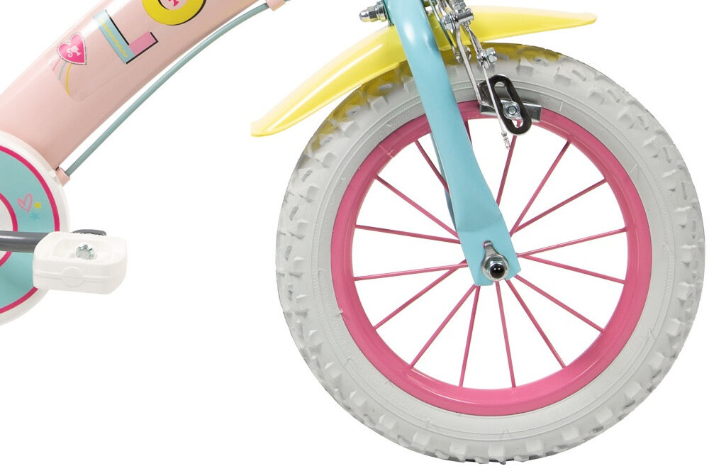 Rower dziecięcy TOIMSA Barbie 12 cali dla dziewczynki zbliżenie na przednie koło zdjęcie na białym tle koła pompowane w rozmiarze 12 cali mocne obręcze z wysokiej jakości tworzywa sztucznego dobra przyczepność aluminiowe obręcze zachowanie regularnego kształtu kół stabilne trzymanie opony bezpieczna jazda błotniki elegancki osłaniają odzież wygląd regularne sprawdzanie ciśnienia powietrza wartość na bocznej części opony