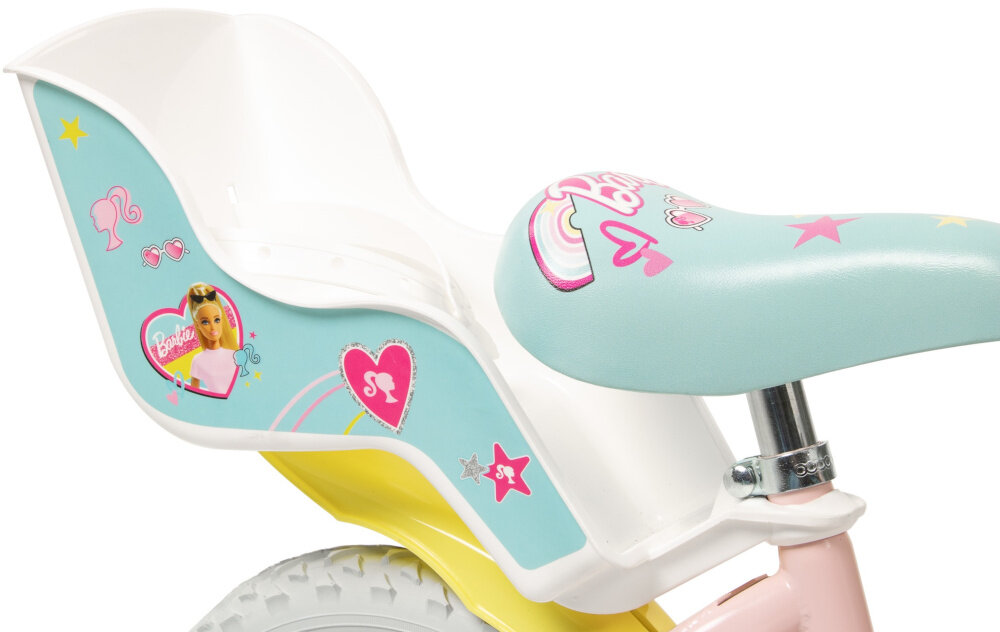 Rower dziecięcy TOIMSA Barbie 12 cali dla dziewczynki zbliżenie na siodełko i fotelik dla lalki zdjęcie na białym tle bezpieczna i satysfakcjonująca aktywność wygodne siodełko pełen komfort podczas długiej jazdy fotelik dla lalki bezpiecznie komfortowo