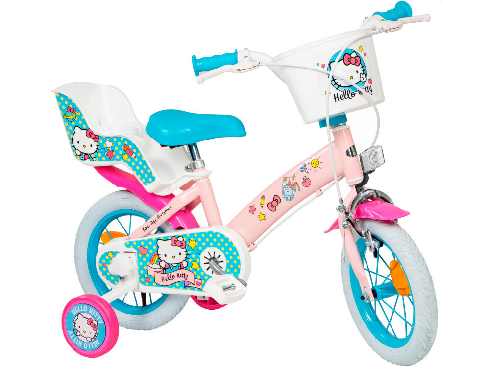 Rower dziecięcy TOIMSA Hello Kitty 12 cali dla dziewczynki rower na białym tle widoczny z boku dla dzieci w wieku od 3 do 5 lat trwałość wytrzymałość mocna konstrukcja kolorowa grafika z wizerunkiem kotka Hello Kitty