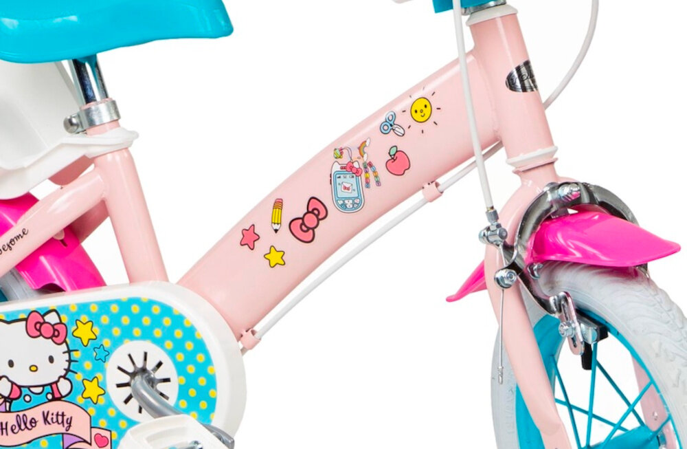 Rower dziecięcy TOIMSA Hello Kitty 12 cali dla dziewczynki rower na białym tle zbliżenie na ramę odpowiednio wyselekcjonowane materiały stalowa 8-calowa rama dostosowana do najmłodszych geometria ponadprzeciętna odporność na uszkodzenia mechaniczne i działanie czynników zewnętrznych wybór rozmiaru ramy Twój wzrost mierzony w zrelaksowanej pozycji typ dla dzieci o wzroście od 85 do 105 cm