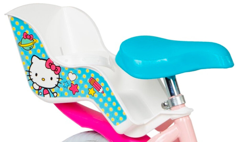 Rower dziecięcy TOIMSA Hello Kitty 12 cali dla dziewczynki zbliżenie na siodełko i fotelik dla lalki zdjęcie na białym tle bezpieczna i satysfakcjonująca aktywność wygodne siodełko pełen komfort podczas długiej jazdy fotelik dla lalki bezpiecznie komfortowo