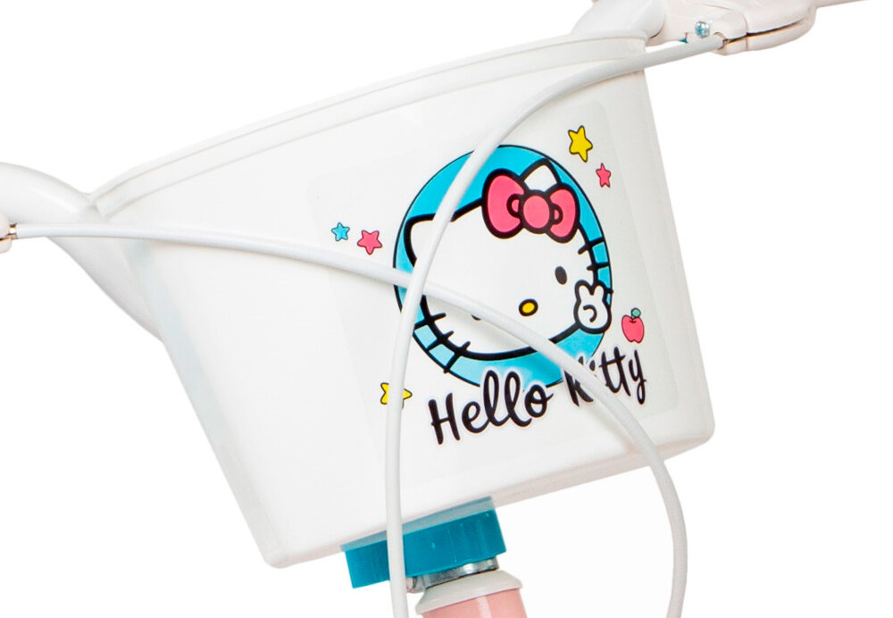 Rower dziecięcy TOIMSA Hello Kitty 12 cali dla dziewczynki zbliżenie na koszyk w różowo-niebieskiej kolorystyce przedni koszyk na drobiazgi z wizerunkiem kotka Hello Kitty zbieranie skarbów zabranie na wycieczkę przekąsek i wody